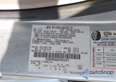 2012 Ford Fusion Se z USA, uszkodzony, nr VIN 3FAHP0HA6CR345071